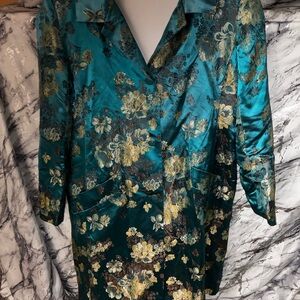 Newport News Teal Satin Jacket with Floral Accents